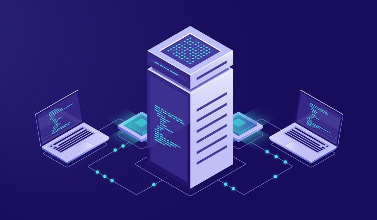 Big data processing concept, server room, blockchain technology token access, data center and database, network connection isometric illustration vector neon